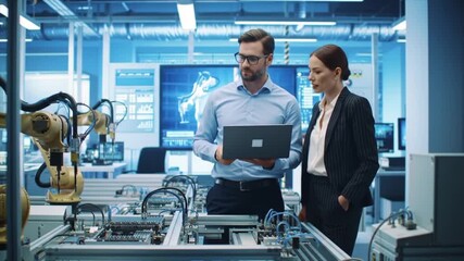 Two professionals engage in a discussion about robotics and automation technology in a high-tech workspace filled with advanced machinery and displays