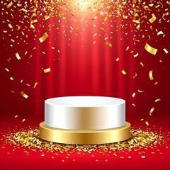 Red stage with gold confetti and white podium
