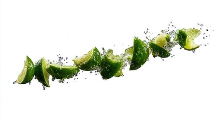 Obraz premium Fresh lime wedges bursting with water droplets create a dynamic, refreshing visual, Ideal for culinary uses, beverage promotions, or health-related content focused on vibrant ingredients,