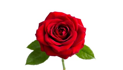 Fototapeta premium A single red rose with green leaves isolated on a white background in a close up studio shot