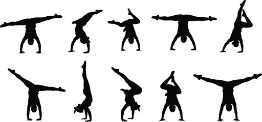 Handstand silhouettes collection, gymnastic poses, athletic balance, black and white vector illustration, silhouette yoga movements, acrobatic figures, fitness design