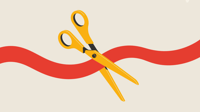 Golden scissors cutting red ribbon grand opening ceremony vector illustration white background - Powered by Adobe