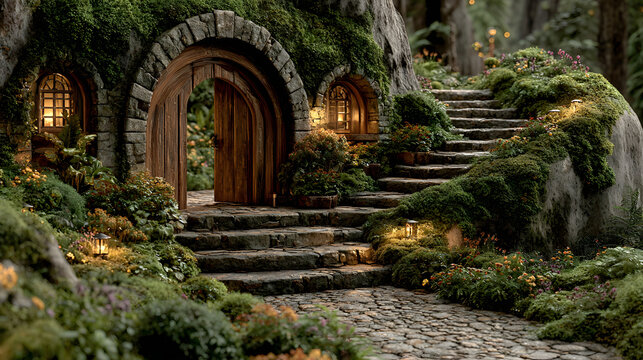 Enchanting stone cottage entrance with a wooden door and steps in a lush garden AI Generated