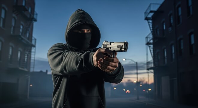 Mysterious hooded figure in urban street at dusk with gun