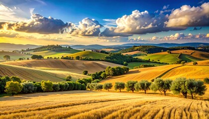 Tuscany landscape of rolling hills and golden fields at sunset.