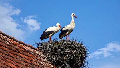 Fototapeta premium Two storks stand vigilantly on a nest atop a terracotta-tiled roof against a vibrant blue sky.