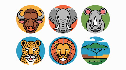 Obraz premium African wildlife icons set vector animals savannah landscape circular design elements white background