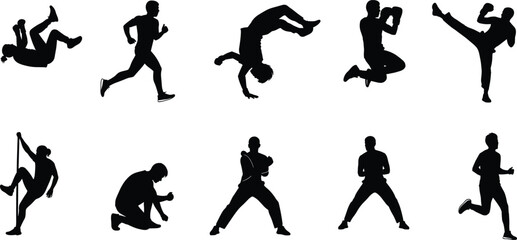 Silhouettes of athletes performing martial arts and fitness poses, kicking, punching, jumping, balance, strength, motion, black and white, dynamic energy