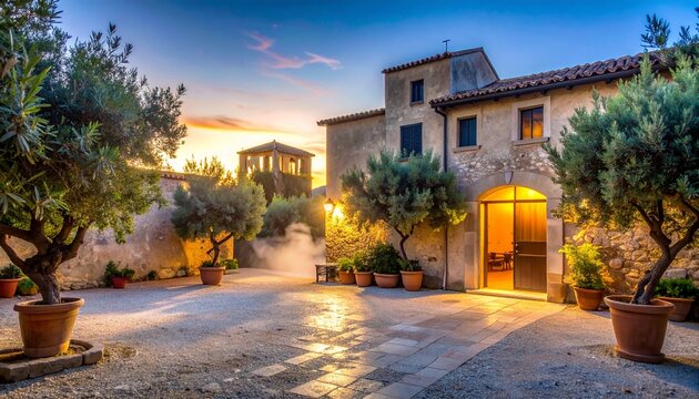 Villa with a beautiful stone courtyard and olive trees at sunset.