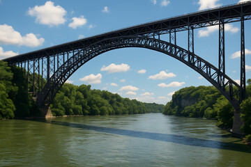 Naklejka premium A picturesque view of a vast steel arch bridge spanning a wide, green river under a beautiful blue sky with scattered clouds