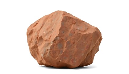 A single, irregularly shaped, reddish brown rock sitting on a plain white surface in a studio shot