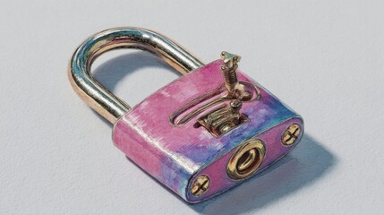 Watercolor Painting of Old Padlock with Metal Chain Securing it on a White Background