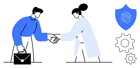 Two professionals shaking hands, briefcase in hand, with shield and fingerprint highlighting security. Gears signify teamwork, strategy, innovation. Ideal for trust, partnership, protection
