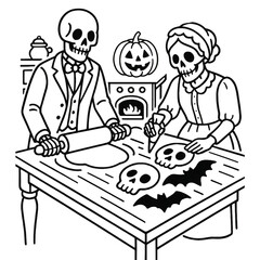 Spooky skeletons baking Halloween treats together with festive pumpkin and skulls on table