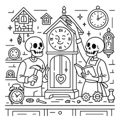 Spooky skeletons meticulously repair antique grandfather clock, surrounded by timepieces and tools, a whimsical Halloween scene.