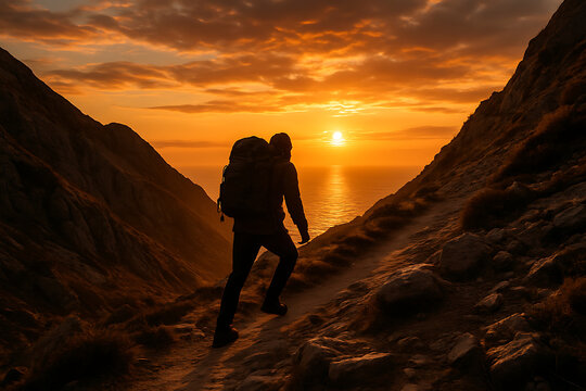 A lone hiker walking up a winding mountain trail toward a setting sun over a calm, vast ocean, highlighting the journey and adventure