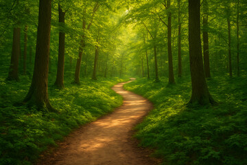 Fototapeta premium a peaceful and winding path through a sun-dappled and lush green forest creating a tranquil and inviting natural escape in the wilderness