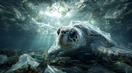 Sea turtle swimming underwater in sunlit ocean depths