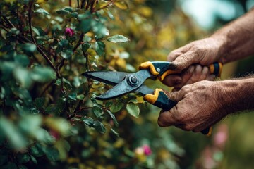 Naklejka premium Hands carefully trimming a bush with pruning shears in a garden during summer afternoon hours