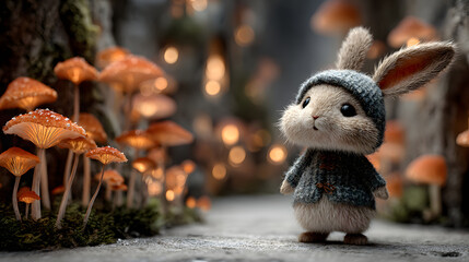 Obraz premium Adorable bunny in a knitted outfit stands among glowing mushrooms in a magical forest AI Generated