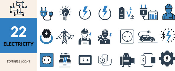 Electricity Themed Icon Set Depicting Energy Sources, Electrical Components, and Electrical Workers with Various Related Symbols