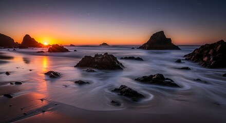 Dramatic coastal sunset with water movement around rocks creating a dreamy ambiance