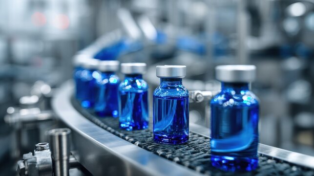 Premium photo of automated conveyor with blue medical vials in glass bottles pharmaceutical production line in sterile factory environment industrial automation for vaccine or.