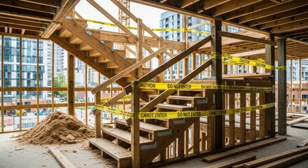 Urban building construction site with wooden framework and caution tape