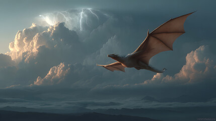 Dragon soaring through the sky with a dramatic thunderstorm in the background AI Generated