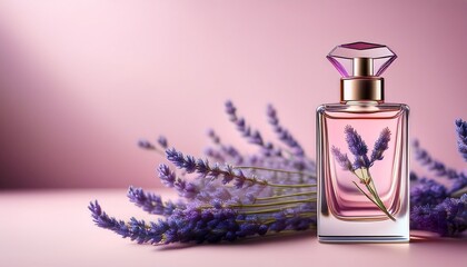 stylish perfume bottle with lavender on soft pink background