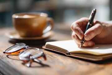 Coffee drinker enjoys writing in a notebook by the window during a sunny morning