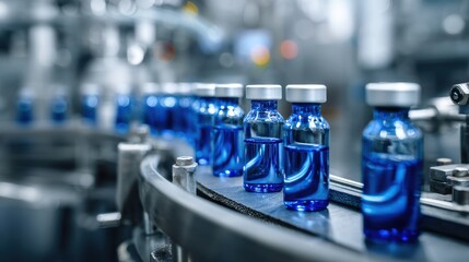 Premium photo of automated conveyor with blue medical vials in glass bottles pharmaceutical production line in sterile factory environment industrial automation for vaccine or.