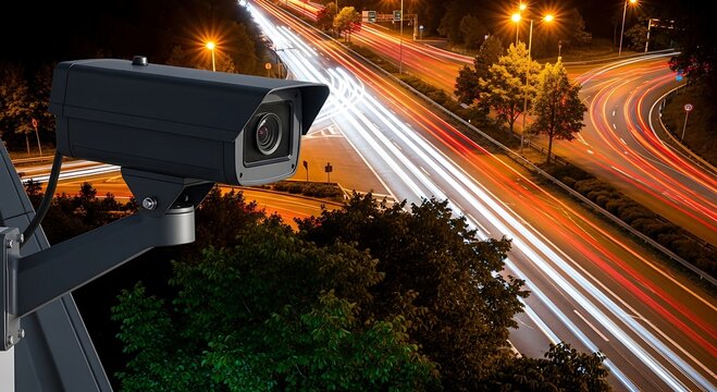 Nighttime Highway Surveillance: Security Camera Monitoring Fast-Moving Traffic on a Busy Interchange.
