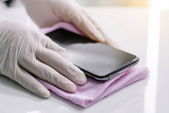 Cleaning a smartphone with a microfiber cloth while wearing protective gloves in a bright indoor setting