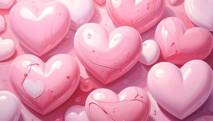 A vibrant arrangement of glossy, pink hearts, with subtle shading and marbling, creates a delicate and romantic mood.