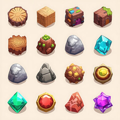 The collection includes various cartoon game UI assets such as wood stones and gems.