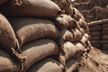 Sandbags stacked for flood protection in a construction site during daylight hours