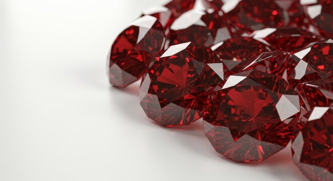 Pile of red gemstones, brilliant cut, on a white surface with copy space, symbolizing luxury, wealth, and precious jewel for gemology.