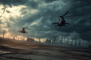 Military helicopters fly over an industrial landscape during stormy weather at dusk near a city