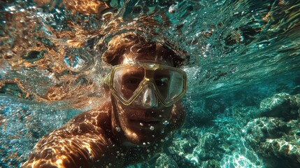 Man snorkeling in the Mediterranean Sea near Kas, Turkey, enjoying the summer sun and clear turquoise waters, with sailboats and coastal town visible in the background