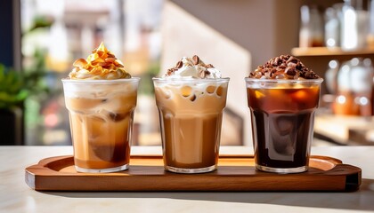 a refreshing array of iced coffees features unique toppings and flavors on a wooden serving board for customers