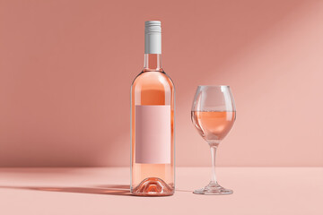 Elegant rose wine bottle with glass against a soft pink backdrop, creating a serene and inviting atmosphere for casual gatherings or celebrations
