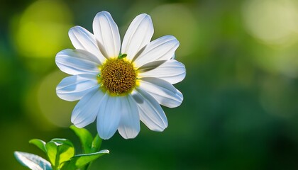 a lone white flower with yellow center captivates the heart in a blur of green