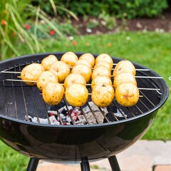 Roasted potatoes on skewers grilling outdoors