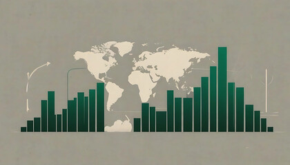 Abstract global finance and data graph with a world map silhouette and green bar charts, suitable for international business and economic presentations.


