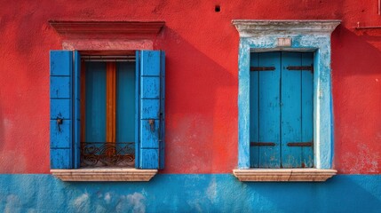 windows on the red and blue painted facade of the house colorful architecture in burano island venice italy no logos no brands ar 169