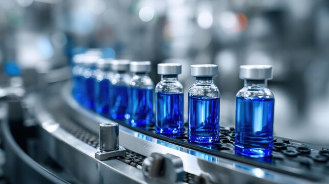 Premium photo of automated conveyor with blue medical vials in glass bottles pharmaceutical production line in sterile factory environment industrial automation for vaccine or.