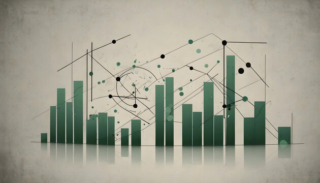 Complex business graph with green bar charts and a line graph on a vintage background, suitable for finance, data, and technology presentations.