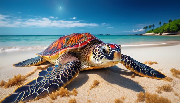 captivating sea turtle adorned with vibrant colorful patterns resting gently on the sandy beach