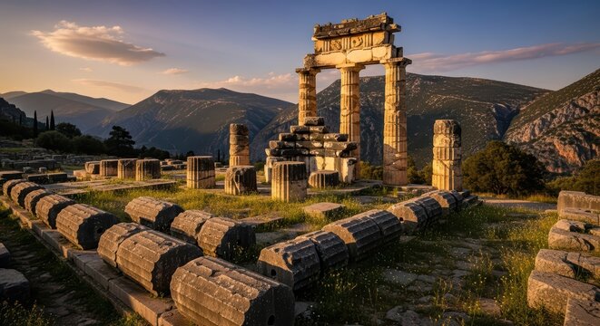 Ancient ruins of delphi at sunset in greece - historical landmark for travel and exploration